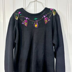 Vintage R&K Dress Women Size Medium Sweater Navy Blue Sequin Midi Long Sleeve
